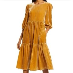 Charles Henry Tie Back Velvet Midi Dress in Rich Mustard Size M NWT